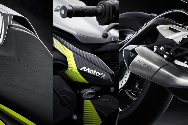 The Moto2 Edition features details like carbon fibre side panels, a Moto2-embossed seat, and a laser-etched Moto2 logo on the silencer. Triumph Moto2 Edition detailed shots compilation.